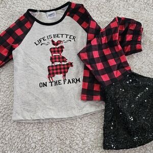 Plaid Raglan Sleeve Top with Sequin Shorts